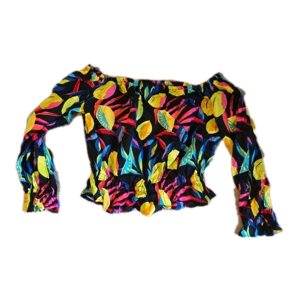 Tabitha Brown Top Size Small On or Off Shoulder Elastic Waist Colorful Fruit